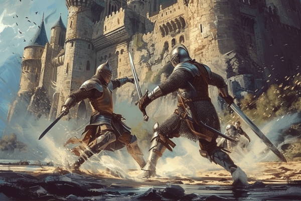 Medieval knight battling in front of a castle
